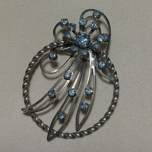 Vtg Fancy Silver Light Blue Rhinestone Brooch